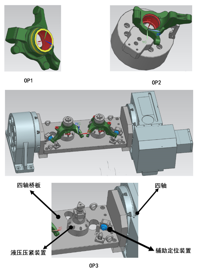 轉(zhuǎn)向機(jī)連接器加工工序和夾具示意圖